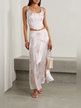 🎀LOVESHACKFANCY 100% silk white floral maxi skirt Open front slit detail Size 00